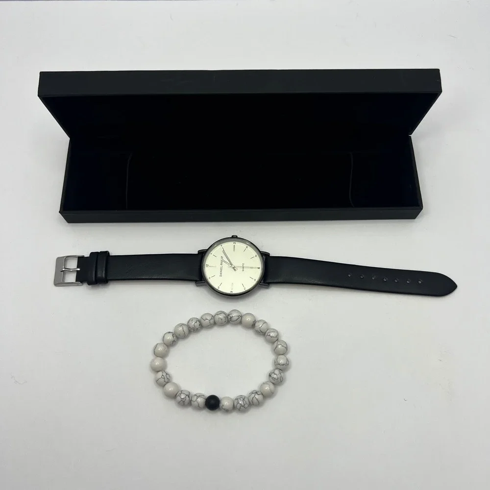 Daniel Philip Black Quartz Watch Mens Leather Band Howlite Bracelet Gift Set